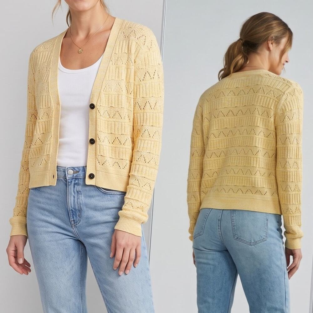 Sonoma Womens Large V Neck Yellow 3 Button Cardigan Sweater